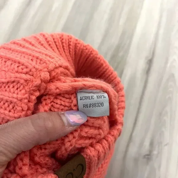 C.C Peachy Orange-Pink Ponytail Cable Knit Winter Beanie Hat - Picture 4 of 5